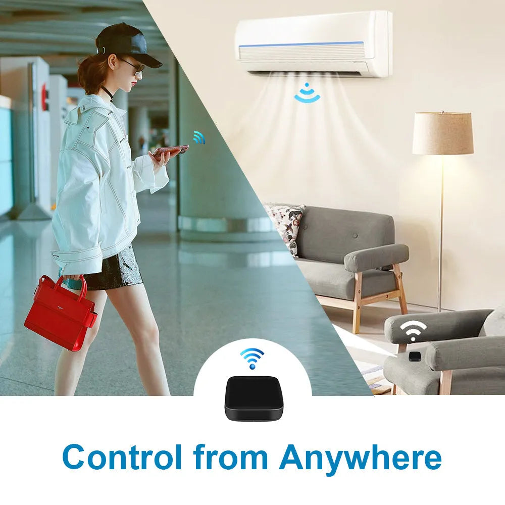 Black universal infrared remote control device with voice control and WiFi connectivity features