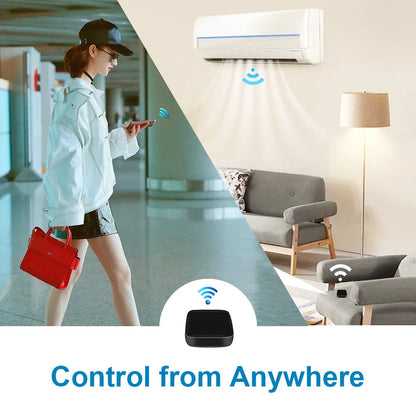 Black universal infrared remote control device with voice control and WiFi connectivity features
