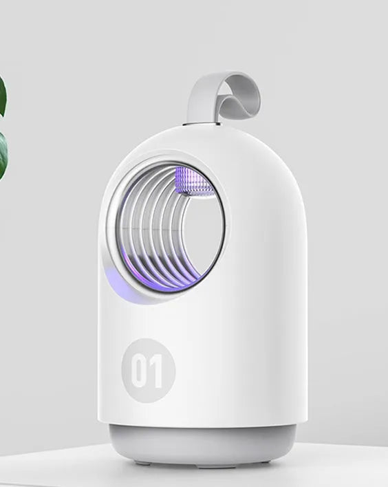 White or blue indoor mosquito killer lamp with UV light, a fan, and a silicone carry handle.