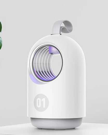 White or blue indoor mosquito killer lamp with UV light, a fan, and a silicone carry handle.