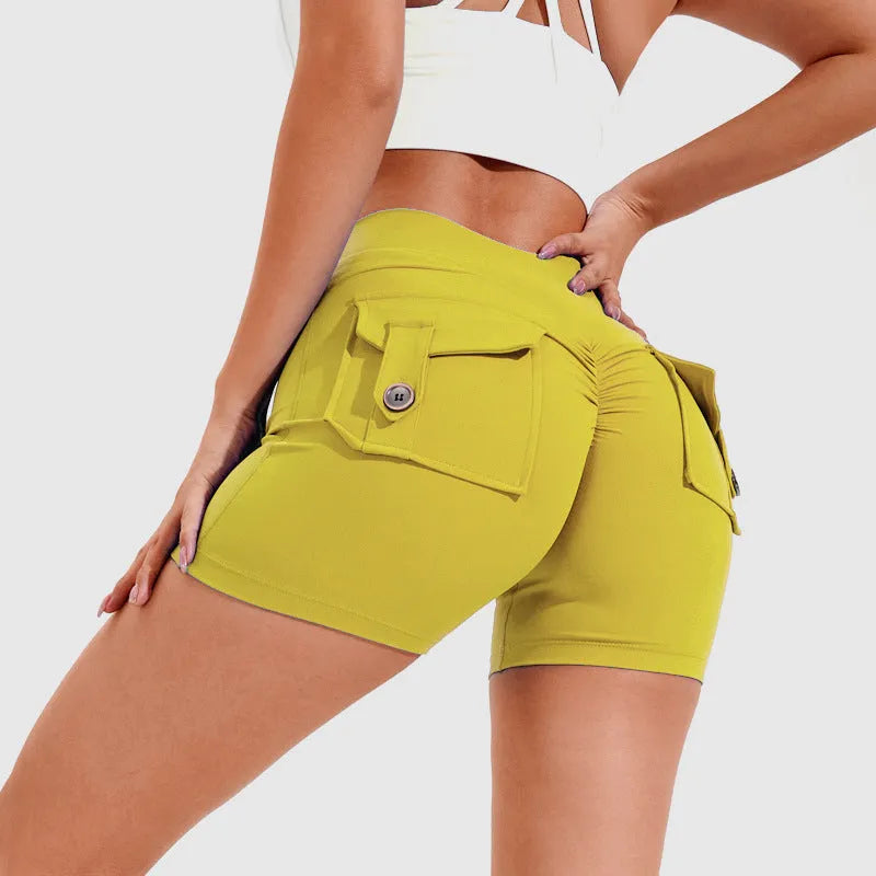 Women's high-waist quick-dry fitness shorts with side pockets in avocado green colour