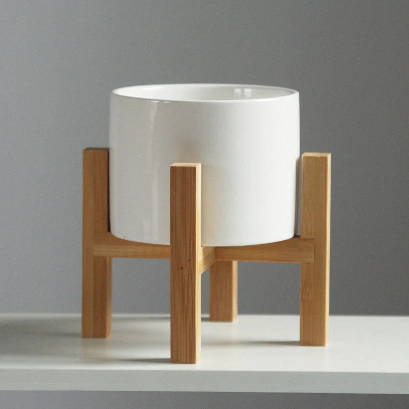 White ceramic flower pot with bamboo tray support for succulents and green plants