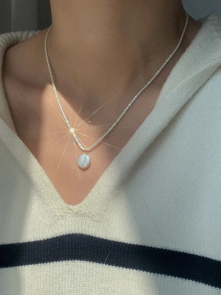 Elegant S925 Sterling Silver Baroque Pearl Necklace with starry sky chain design