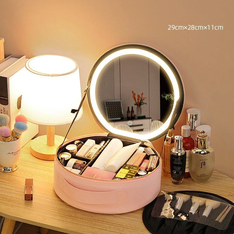 Smart LED makeup bag with adjustable lighting and spacious, organized interior for seamless beauty on the go