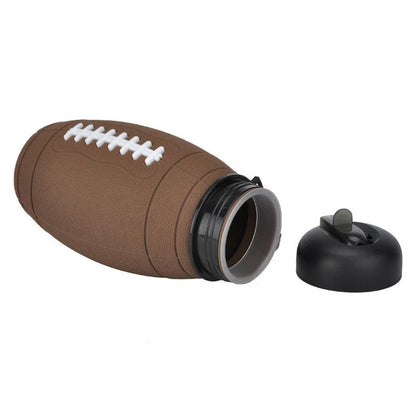 Brown rugby ball-shaped collapsible water bottle with leak-proof seal and non-slip grip