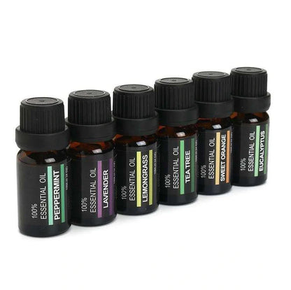 Essential oil massage aromatherapy set with six 10ml bottles of orange, lavender, tea tree, peppermint, eucalyptus, and lemongrass oils