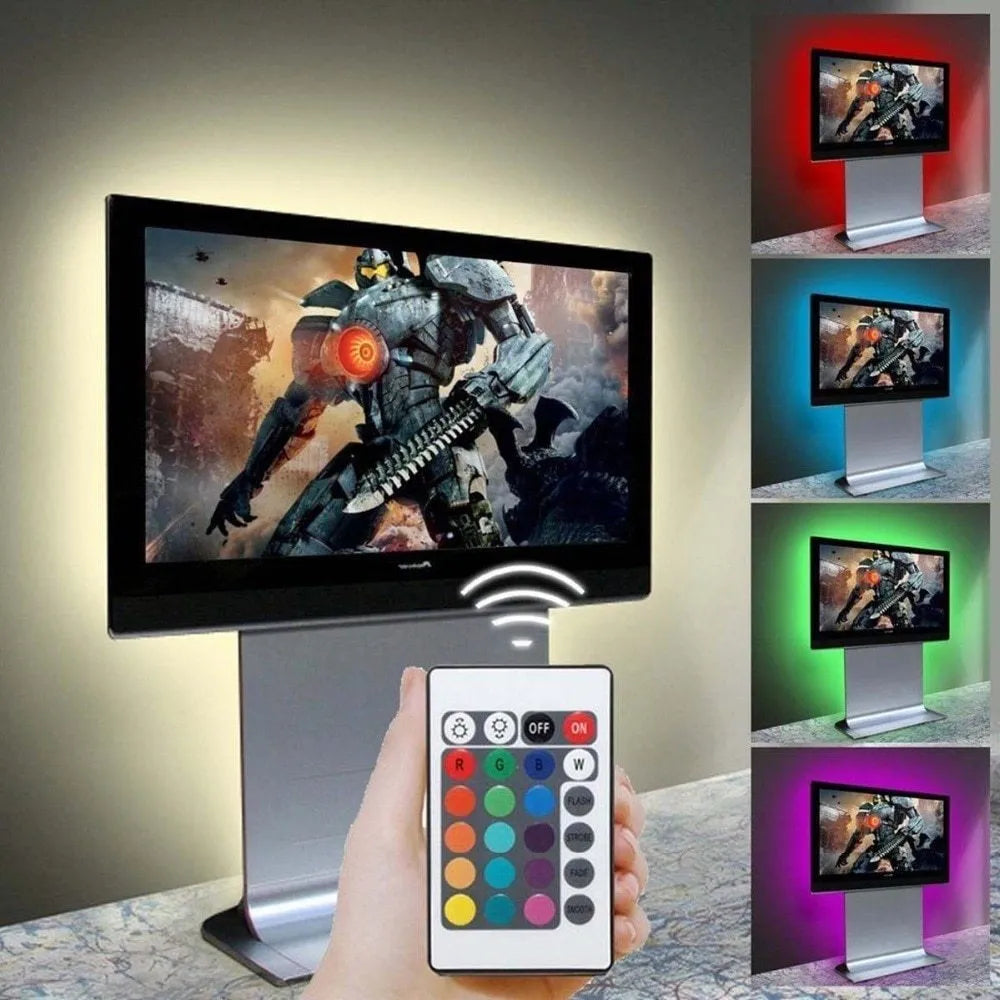USB-powered flexible LED light strip, 1 metre long, with 50cm USB cable, showing multiple colour options including white and blue.