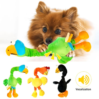 Screaming chicken sound dog chew toy in black, green and orange colours