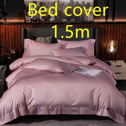 Four-piece cotton bedding set with satin weave fabric showing quilting detail and colour options