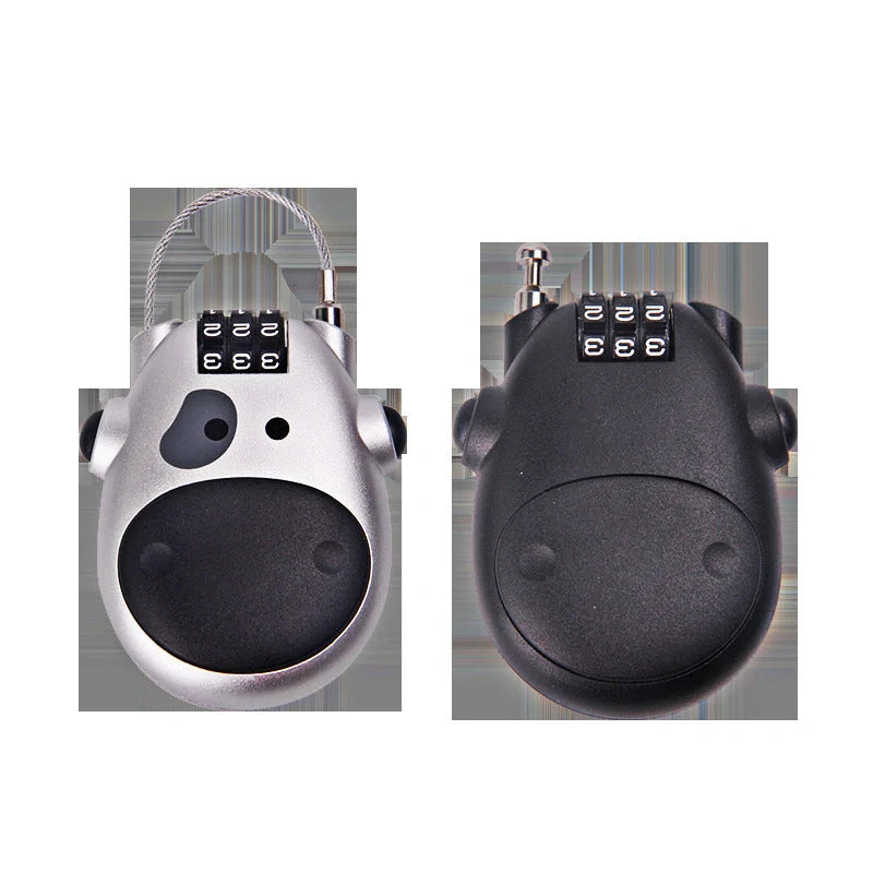 Cow telescopic wire rope lock in black and grey, zinc alloy construction, compact security solution