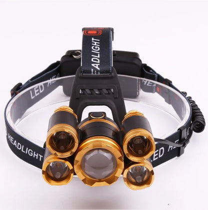 Gold or silver aluminium alloy LED head torch with adjustable zoom focus and tiltable head on an adjustable strap.