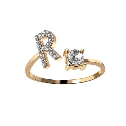 Personalized Initial Letter Crystal Ring with Adjustable Design in Gold, Silver, and Rose Gold Colors