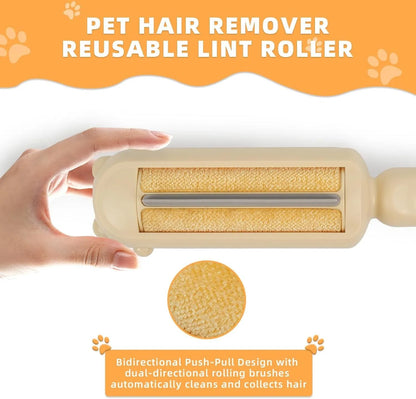 Pet hair remover tool in blue, pink, or yellow with self-cleaning base for removing dog and cat fur from furniture