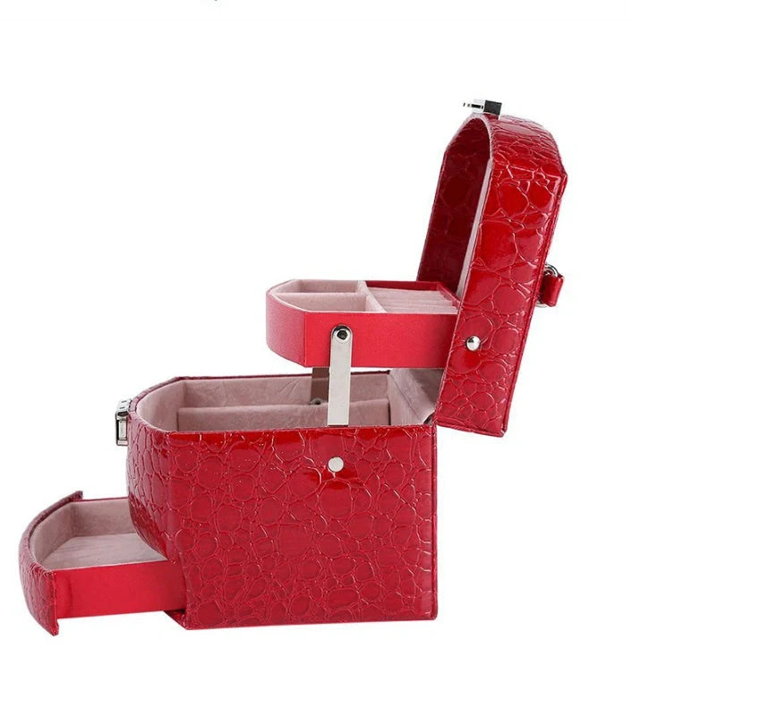 3-layer leather jewellery and makeup storage box with mirror, available in five colours