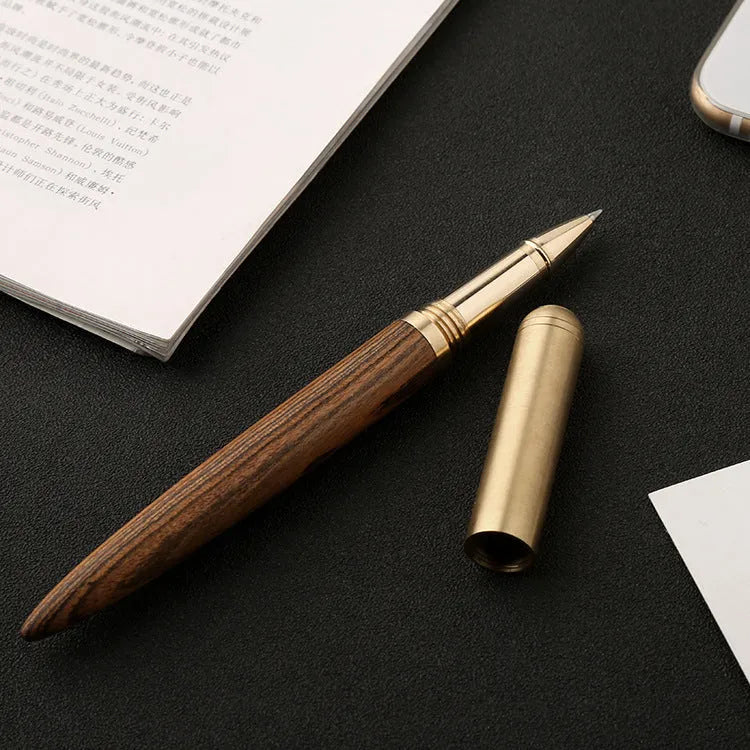 Brass and sandalwood signature pen with wood grain detail showing length and width dimensions