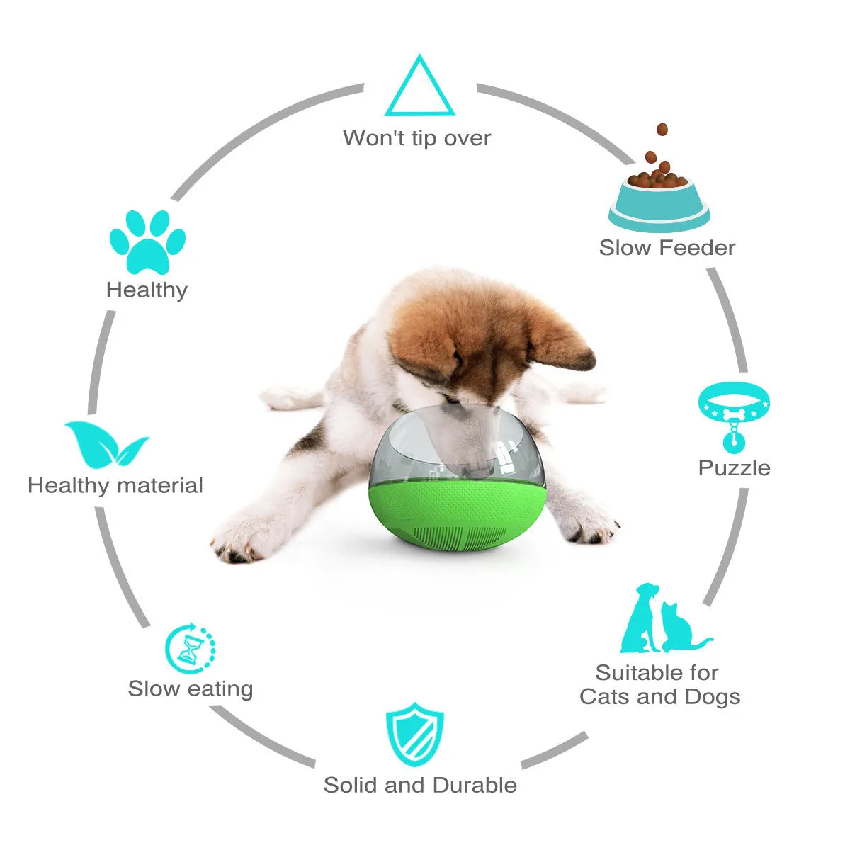 Plastic slow food bowl for pets, 19 x 19 x 14 cm, shown in blue, green, and yellow options