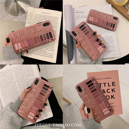 Silicone eye shadow phone case for iPhone showing flesh and grey colour options with precise port cutouts