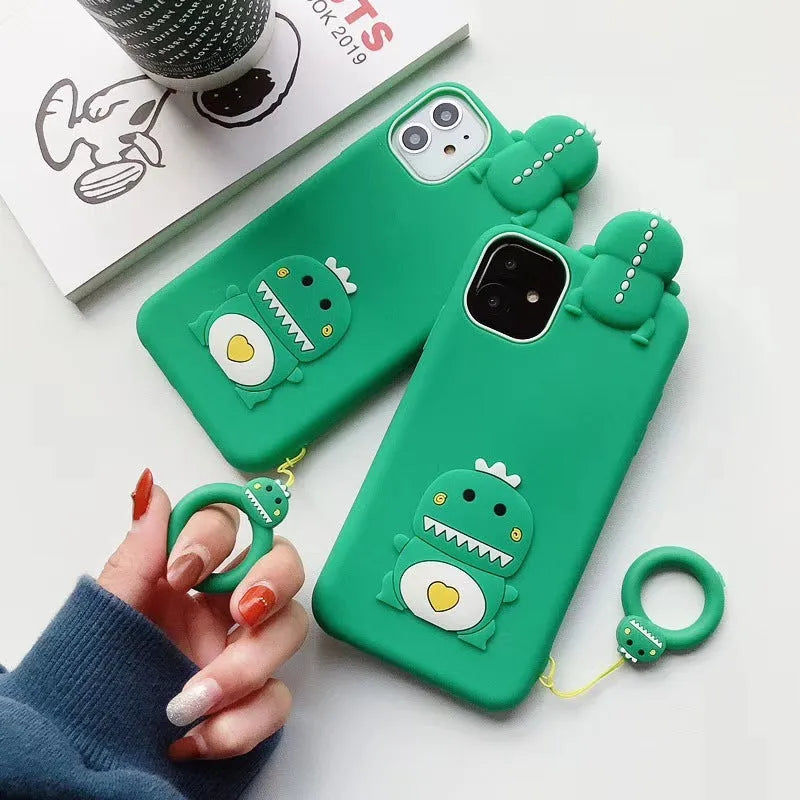 Silicone phone case with animal cartoon design: offers drop protection up to 1.2 metres and waterproof features for Apple iPhone models 6 through 11 Pro Max, available in green and yellow.