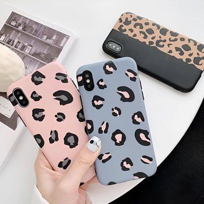 Leopard print protective phone case for iPhone, shown in black, blue, and pink colour options.