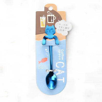 Stainless steel coffee spoon with cartoon cat handle showing hanging hole and smooth edges