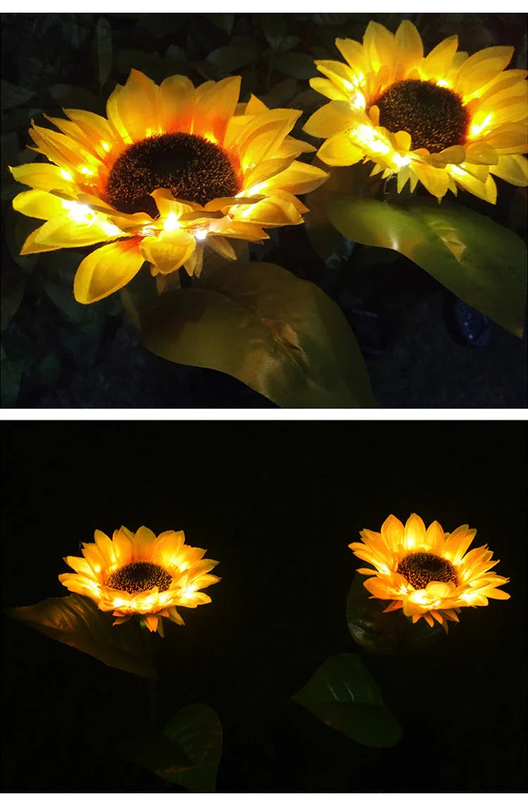 Elegant solar-powered sunflower lamps illuminating a serene outdoor garden pathway