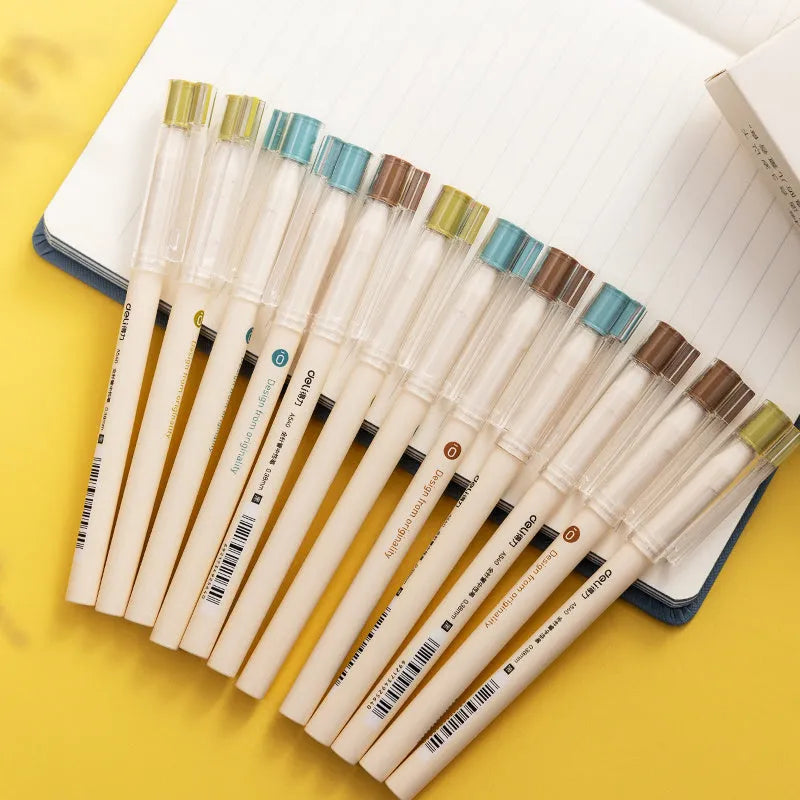 Deli A540 0.38mm black gel pens with needle tube tips in plastic barrel with caps, box of 12 pieces