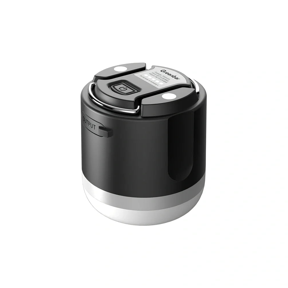 Outdoor tent camping light with 7200mAh battery in black silver colour showing compact 78x67mm dimensions