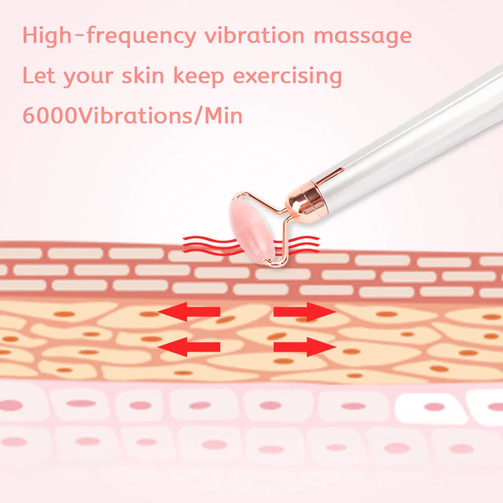Electric Vibrating Natural Rose Quartz Jade Facial Roller with pink and green options