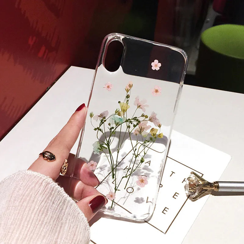 Handmade clear soft TPU phone case compatible with iPhone models XS Max XR X XS 8 7 6 featuring real dried flower epoxy preservation, available in flower pink and flower purple protective back cover designs