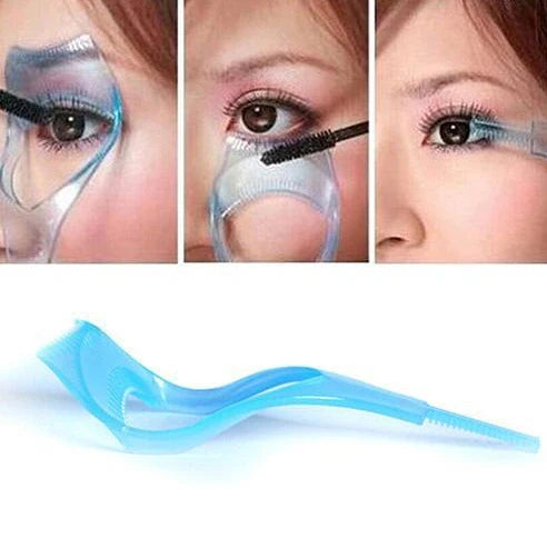 Pink and blue mascara shield with curved edge, 5 inches long by 1.5 inches wide