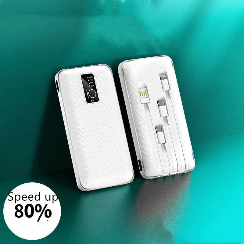 Portable power bank with digital display showing battery percentage and multiple charging ports