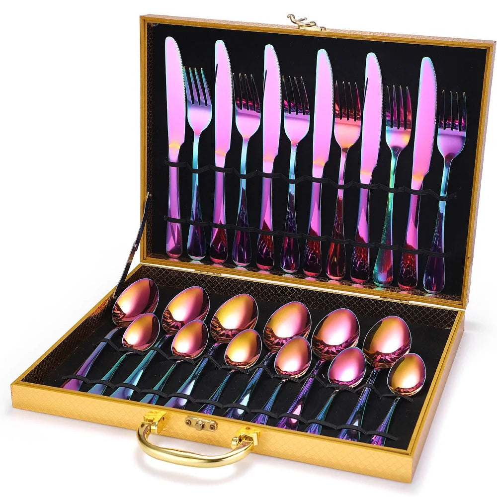 24-piece 18/10 stainless steel cutlery set in silver finish with knives, forks, spoons for six, optional wood box storage