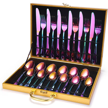 24-piece 18/10 stainless steel cutlery set in silver finish with knives, forks, spoons for six, optional wood box storage