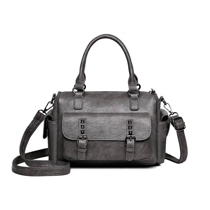Vintage style messenger bag in PU leather with contrast stitching, horizontal square shape, shown in multiple colour options