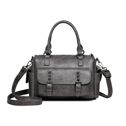 Vintage style messenger bag in PU leather with contrast stitching, horizontal square shape, shown in multiple colour options