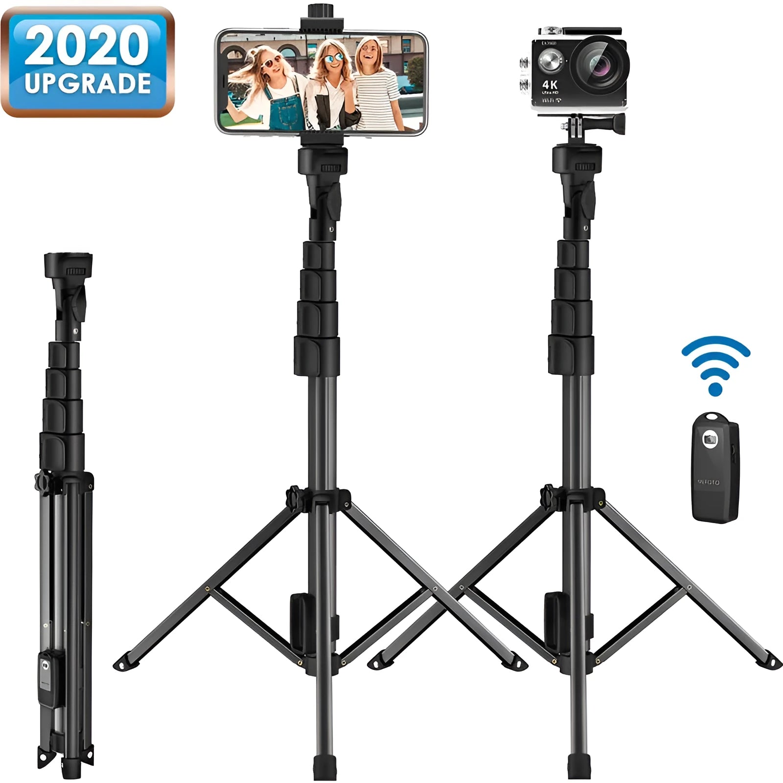 Black aluminium alloy selfie stick tripod compatible with iPhone smartphones