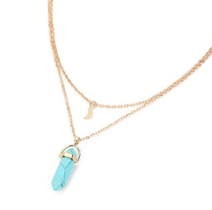 Elegant natural stone hexagonal necklace with double moon and crescent pendant in various colours