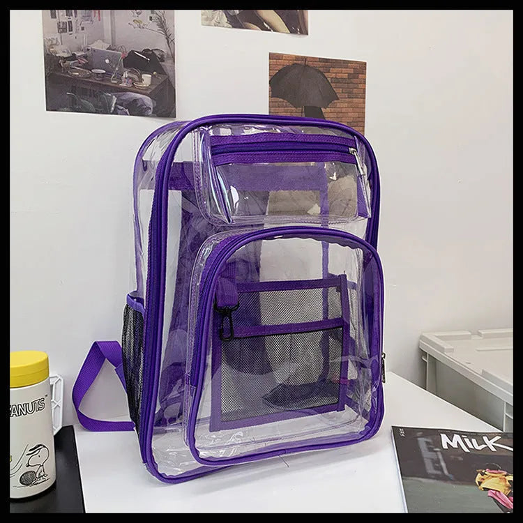 Transparent PVC waterproof backpack with a coloured inner voile bag, shown in various colours.