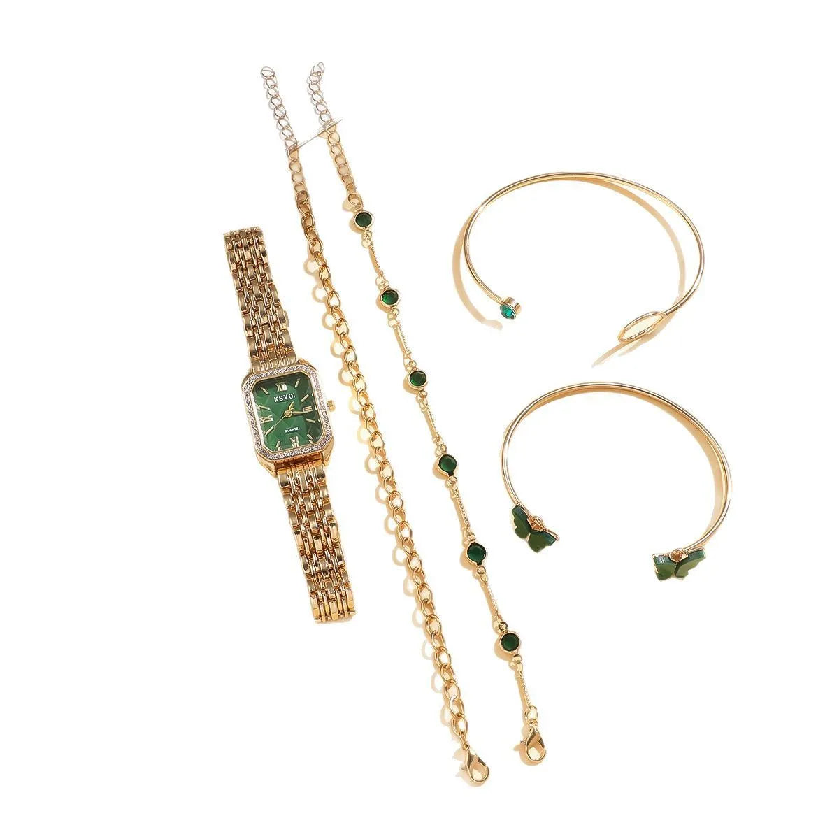 Gold green square women's watch with four matching butterfly bracelets on display