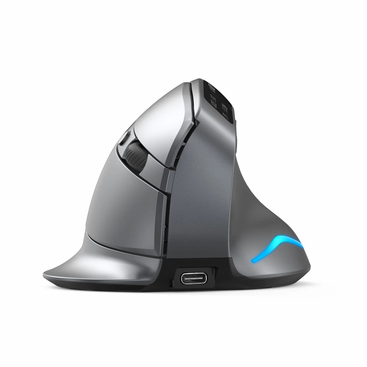 Grey handheld vertical mouse with dual-mode grip design for Bluetooth laptop connectivity