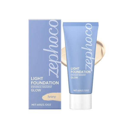 Bottle of liquid concealer foundation in ivory white shade on a neutral background.