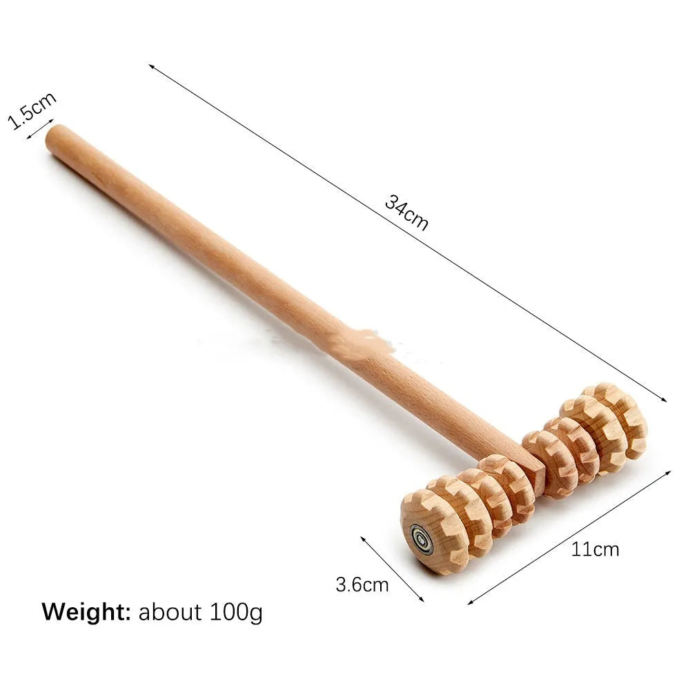 Wooden massage roller set with beechwood T-shaped roller, straight, curved and round massagers on a table.