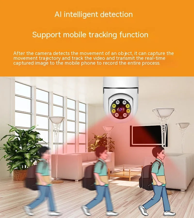Bulb camera wireless Wi-Fi monitoring device with E27 lamp holder, 1080p full colour night vision, and indoor-outdoor use, measuring 5cm by 12cm and constructed from plastic and metal, for security and surveillance.