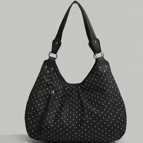 Retro polka-dot canvas shoulder bag with double shoulder straps, oval shape, soft polyester, patchwork stitching
