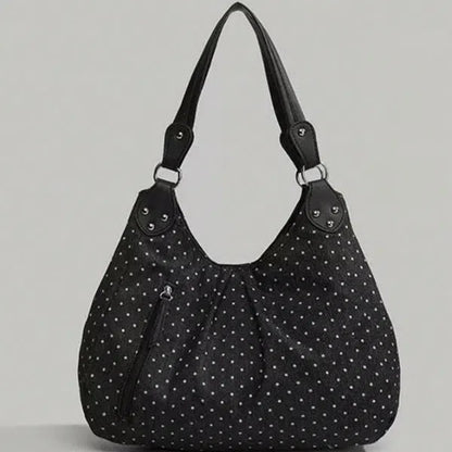 Retro polka-dot canvas shoulder bag with double shoulder straps, oval shape, soft polyester, patchwork stitching