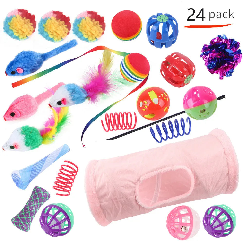Plastic cat toy set with coloured tunnel channels and a ball for interactive indoor play.