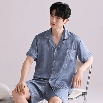 Men's lightweight ice silk pyjama set with cardigan top and short pants in satin jacquard pattern