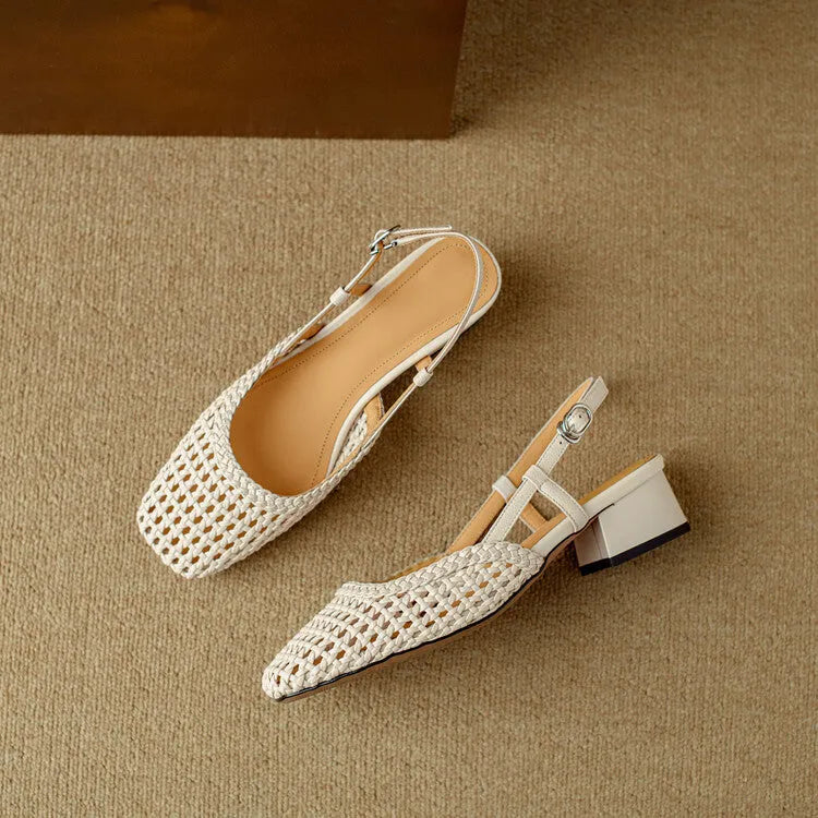 Women's beige woven hollow-out sandals with closed square toe, chunky 4cm heel, and buckle fastening on foot