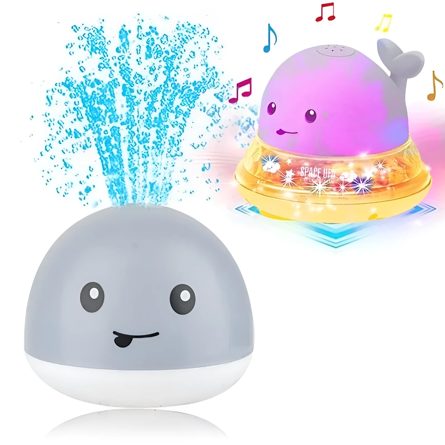 Grey or white electric whale bath toy spraying water with LED lights on a base.