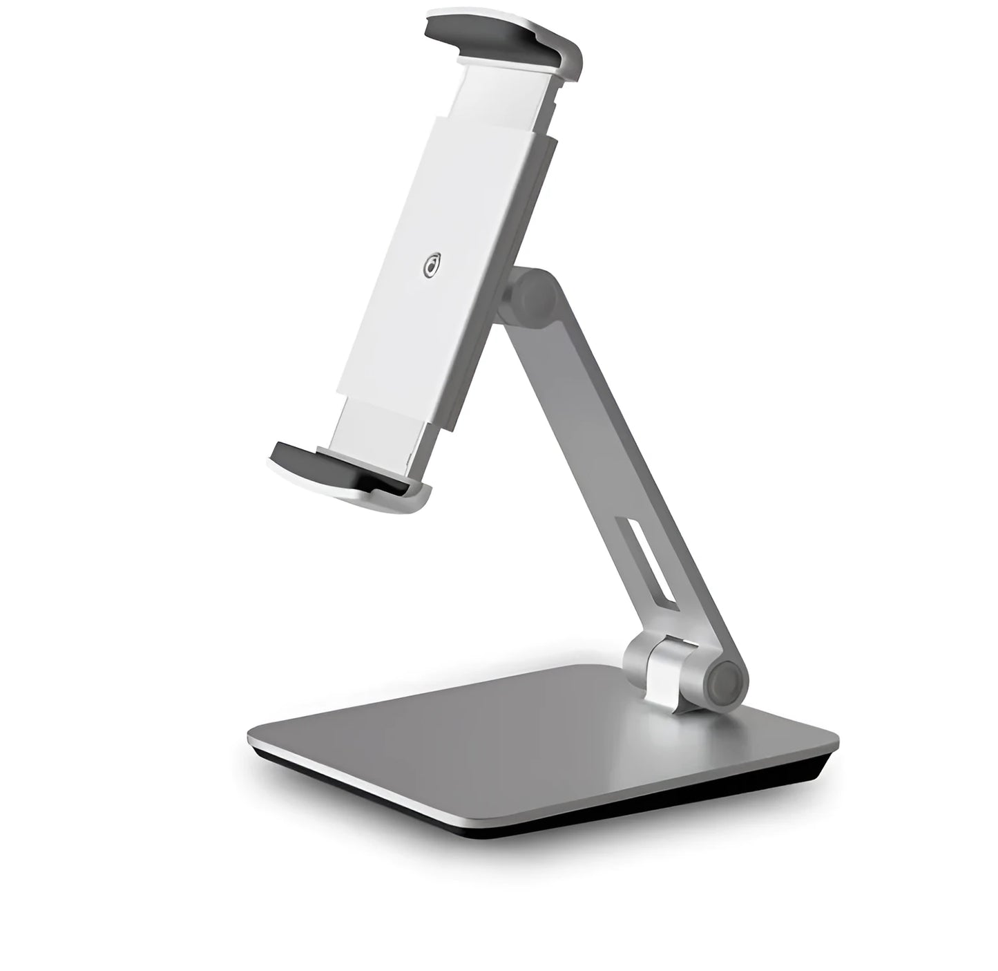 Silver folding phone and tablet stand holding a device, showing its 360-degree rotation and compact size
